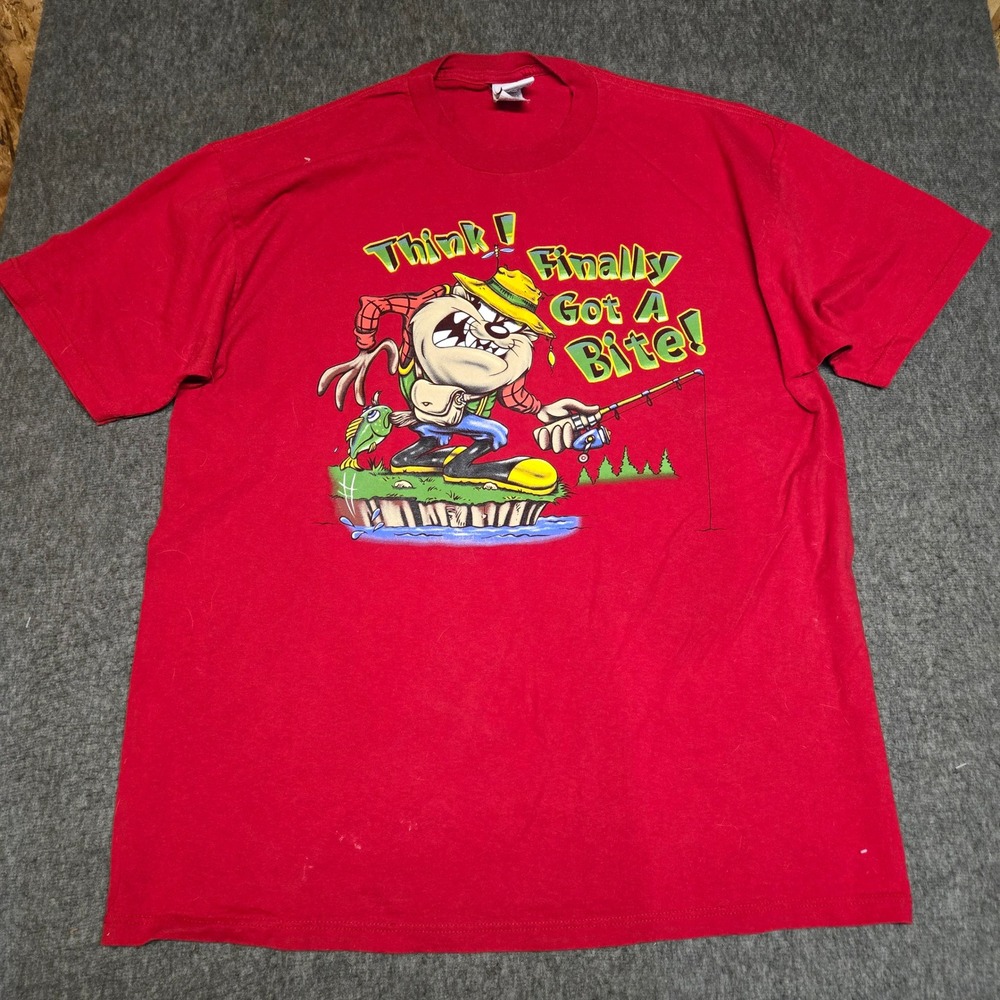 Vintage 90s Looney Tunes T-Shirt Mens XL Red Taz Fishing Graphic USA Made
